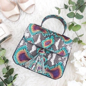 70%-off for Bulk Order, DM! Rainbow Genuine Python Top Handle Bag, Real Snake Skin, Natural Python Skin, Genuine Python Bag, Python Handbag