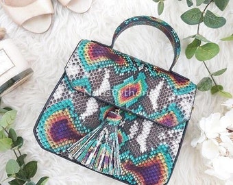 Rainbow Python Top Handle Bag: Genuine Snake Skin Handbag