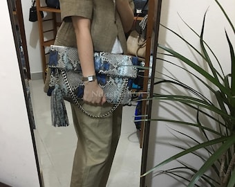 70%-off for Bulk Order, DM! Blue Genuine Python Shoulder Bag | Natural Python Skin | Genuine Python Bag | Python Handbag