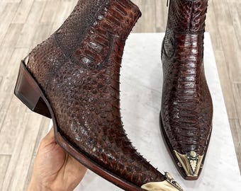 70%-off for Bulk Order, DM!Brown Python Skin Boots with Metal Accessories