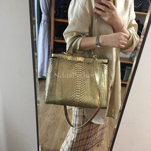 70%-off for Bulk Order, DM! Gold Genuine Python Top Handle Bag, Snake Skin Handbag, Exotic Leather, Luxury Handbag