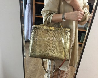 Gold Genuine Python Top Handle Bag, Snake Skin Handbag, Exotic Leather, Luxury Handbag