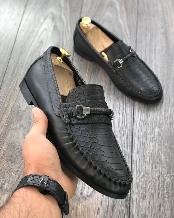 Black Python Skin Loafers | American Moccasin Shoes - Etsy display picture 1