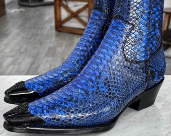 70%-off for Bulk Order, DM! Shiny Blue Python Skin Boots with Metal Accessories