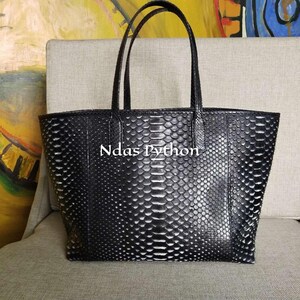 16in Black Genuine Python Top Handle Bag, Snake Skin Handbag, Exotic Leather, Luxury Handbag