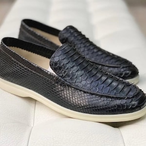 Full Black Python Skin Mocassin | American Moccasin Shoes with Rubber Outsoles