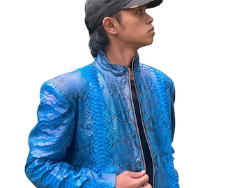 Veste bleue en python véritable : vêtement d'extérieur unisexe exotique en peau de serpent