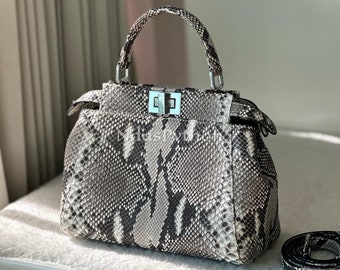 Gray Genuine Python Top Handle Bag, Real Snake Skin, Natural Python Skin, Genuine Python Bag, Python Handbag