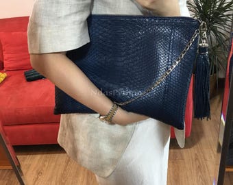 70%-off for Bulk Order, DM! Blue Genuine Python Shoulder Bag | Natural Python Skin | Genuine Python Bag | Python Handbag