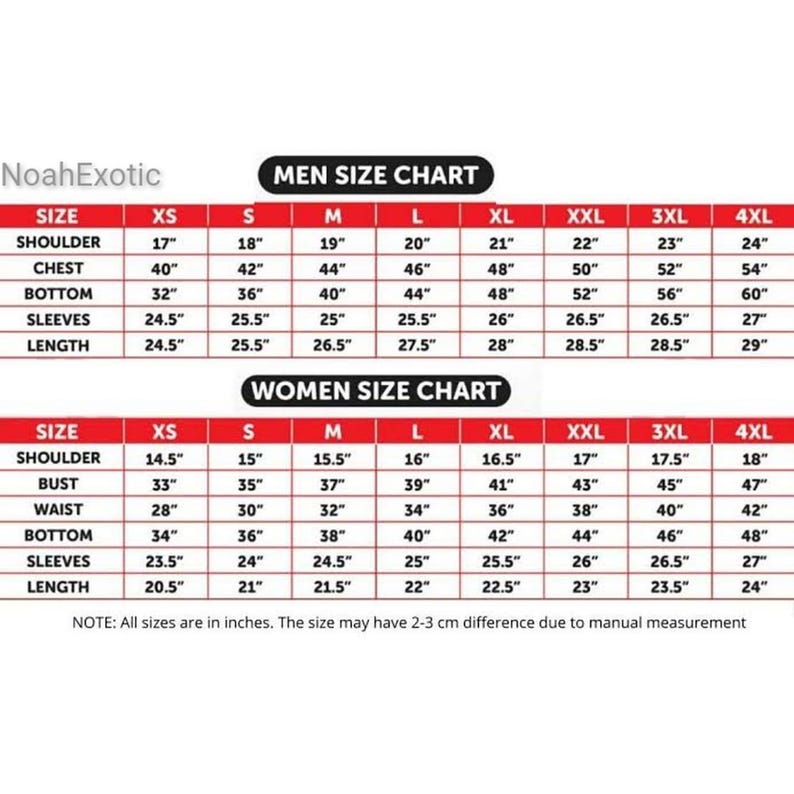 Pode incluir: Tabela de tamanhos da NoahExotic para roupas masculinas e femininas. A tabela inclui tamanhos de XS a 4XL, com medidas em polegadas para ombro, peito, parte inferior, mangas e comprimento.