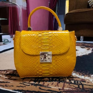70%-off for Bulk Order, DM! Yellow Genuine Python Top Handle Bag, Real Snake Skin, Natural Python Skin, Genuine Python Bag, Python Handbag