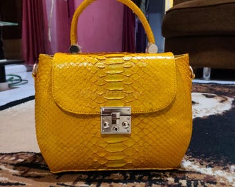 Yellow Python Top Handle Bag: Genuine Snake Skin Handbag