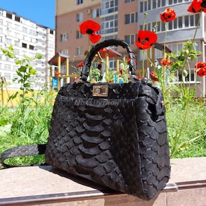 Sac à main Dragon noir exotique en python véritable | Sac à main en peau de serpent King | Sac à main en python véritable | Sac à main en cuir | Véritable peau de serpent