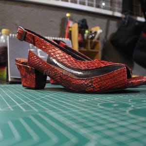 Puede incluir: Un par de sandalias de tacón de piel de serpiente roja con una correa transparente y cierre de hebilla.