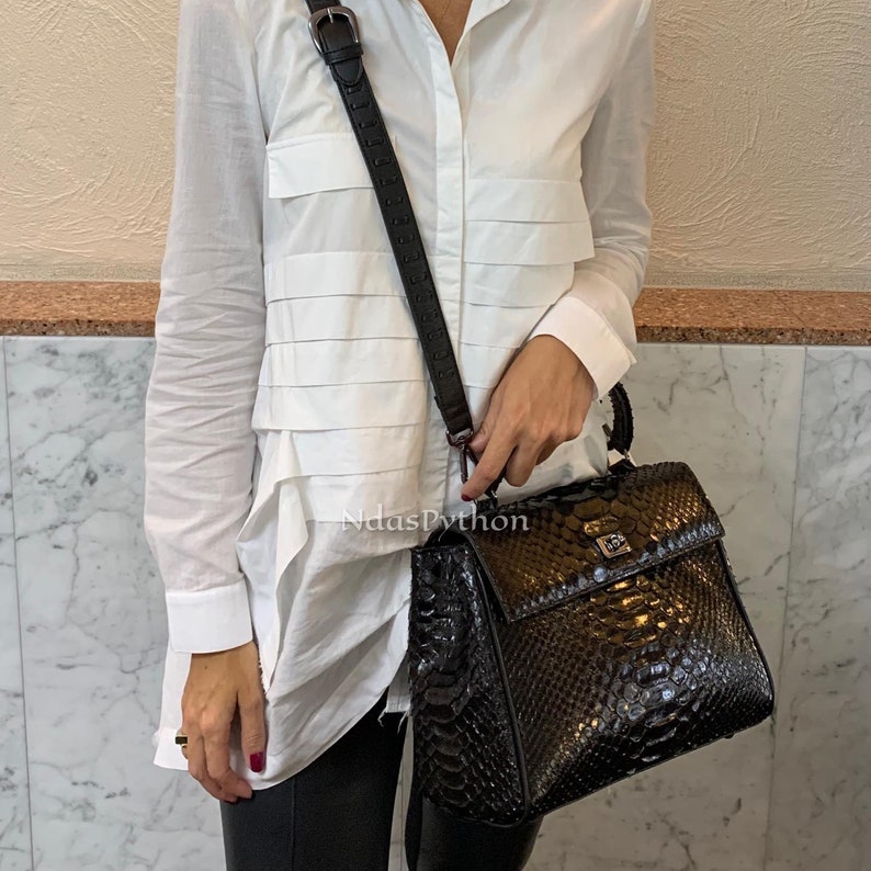 Black Genuine Python Top Handle Bag, Snake Skin Handbag, Exotic Leather, Luxury Handbag Etsy