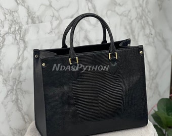 Black Genuine Lizard Leather Top Handle Bag (16in)