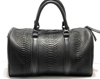 Black Exotic Python Leather Top Handle Bag: 22in Snake Skin Handbag