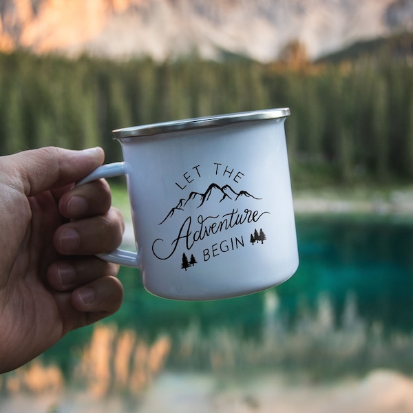 Adventure Begin Custom Camping Mug Gift | Personalized Enamel Mug With Mountains | Wedding Gift | Camping Gift | Adventure Mug Gift