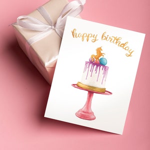 Unicorn Happy Birthday Card | Cute Pink Cake | Watercolor Greeting Card