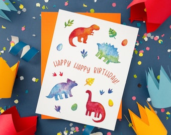 Tarjeta de cumpleaños de dinosaurio / Tarjeta de felicitación colorida para niños