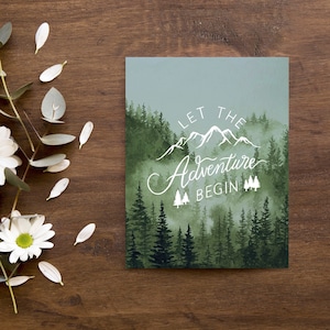 Laissez l'aventure commencer | Aquarelle forêt et montagnes | Carte de félicitations, de mariage ou de remise des diplômes