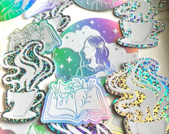 Sparkle Sticker Pack - Set of Three | Holographic Glitter | Waterproof Vinyl Sticker Bundle | Teacup, Clouds, Girl, Stars, Books, Magical