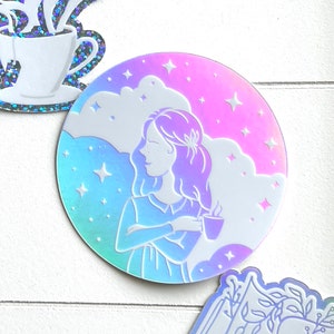 Holographic Dreaming Girl | Clouds, Stars, and Tea Cup Holographic Sticker | Rainbow Colors Vinyl Sticker