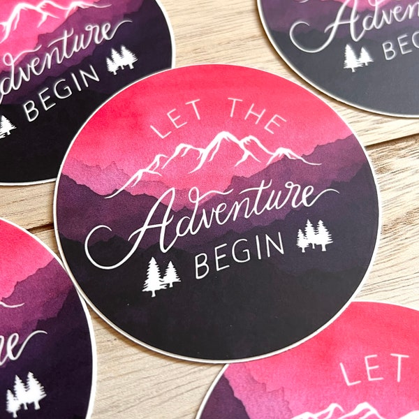 Let the Adventure Begin | Watercolor Sticker | Pink Mountains  | Waterproof Vinyl Sticker
