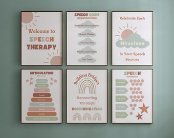 SLP Boho Poster Bundle | 6 prints | Speech Therapy Room & Office Decor Wall Art | Gift | Door Sign | Printable | Soft pastel color theme