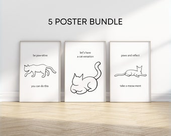 Peut inclure: Un ensemble de trois affiches sur le thème du chat en noir et blanc avec des citations motivantes. La première affiche dit "be paw-sitive you can do this" et représente un chat qui marche. La deuxième affiche dit "let's have a cat-versation" et représente un chat assis. La troisième affiche dit "paws and reflect take a meow-ment" et représente un chat couché.