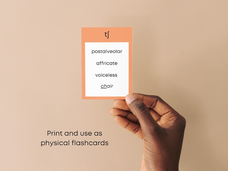 May include: A peach-colored flashcard with the text "tʃ" in the top right corner. The card lists the following terms: "postalveolar", "affricate", "voiceless", and "chair".
