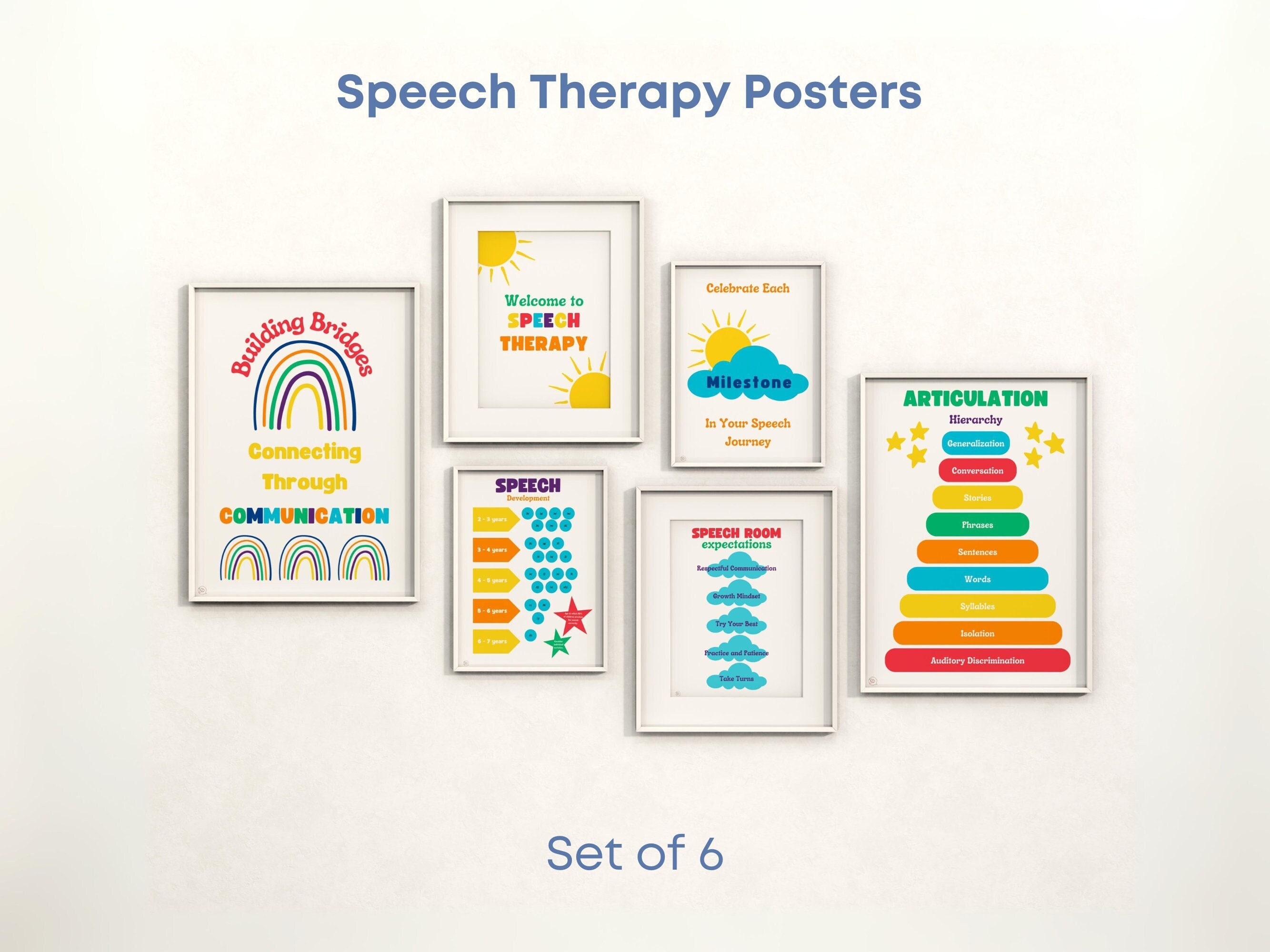 Bright & Colorful SLP Poster Bundle | 6 prints | Speech Therapy Room and Office Decor Wall Art | Gift | Door Sign | Printable | Development