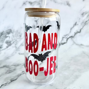 Bad n Boojee Beer Can Glass Cup - Iced Coffee Glass, Glass Coffee Cup, Smoothie Cup, Cute Bats Cup, Halloween Cup, Spooky Season Cup, Bougie