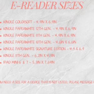 May include: A pink-toned graphic lists e-reader sizes, including Kindle and iPad models. Measurements are provided in inches, such as 4.9in x 6.9in. The text "E-READER SIZES" is at the top, with a message at the bottom to contact the seller for unlisted sizes.