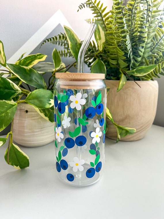 Blueberry Daisy Glass Cup - Daisy Cup,  Floral Glass Cup, Fruit Glass Cup, Springtime, Spring Vibes, Iced Coffee Cup, Coffee Cup, Gift Idea