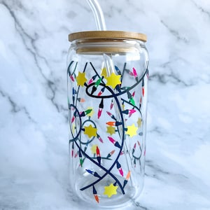 Vaso de cristal con luces navideñas: vaso navideño, regalo de Navidad, idea para regalar, vaso para café helado, vaso festivo