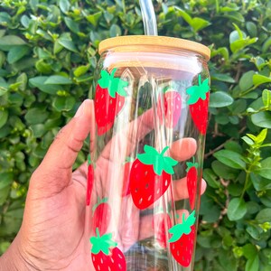 STRAWBERRY Glass Cup - Summer Glass, Beer Can Glass, Iced Coffee Glass, Glass Tumbler, Acrylic Tumbler, Aesthetic Cup, Smoothie Cup