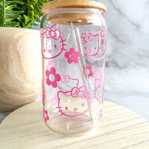 Cute Kitty Glass Cup - Pink Kitty, Cute Kitty, Cute Cat Cup, Pink Cups, Kawaii Kitty Cup, Kawaii Gift, Iced Coffee Cup, Kawaii Glass Cup