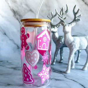 Coupe en verre à biscuits en pain d&#39;épice, tasse de Noël, bas de Noël, idée cadeau Noël, verre à café glacé, tasse de vacances, tasse de fête, rose de Noël