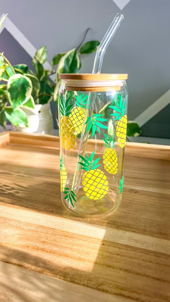 Pineapple Glass Can + Straw | Coffee Glass | Water Glass Iced Coffee Glass  | Beer Can Glass with lid 
