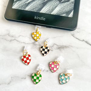 Checkered Heart Kindle Charms - Kindle Accessory, Phone Charm, USB Charm, iPhone Charm, iPad Charm, Bookish Gift, Phone Accessory, Dust Plug