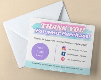 Editable Thank You For Your Purchase Cards, Business Template, Printable Thank You Cards, Editable Template Card