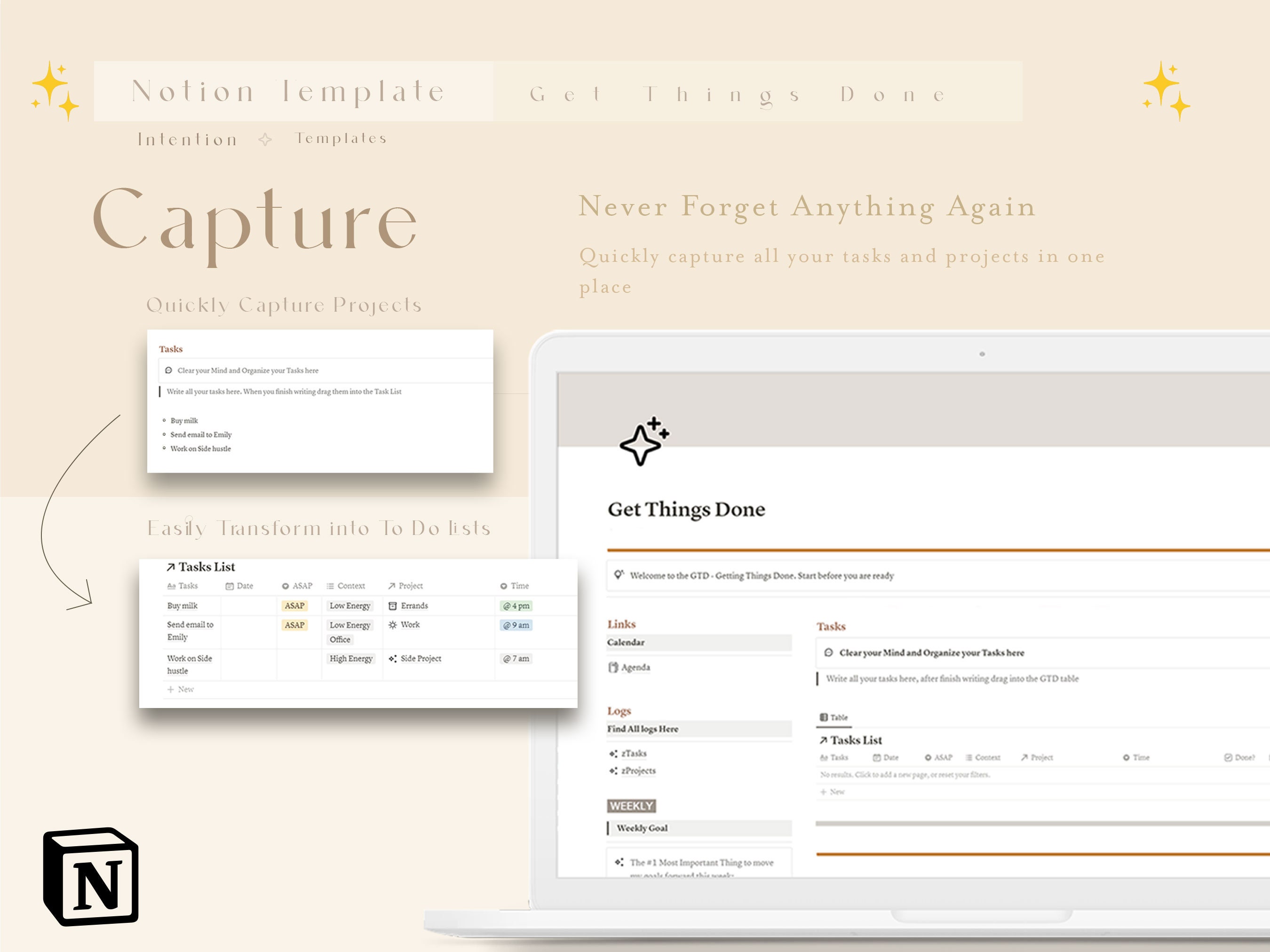 GTD Get Things Done Notion Template - Productivity, Weekly Reflection ...