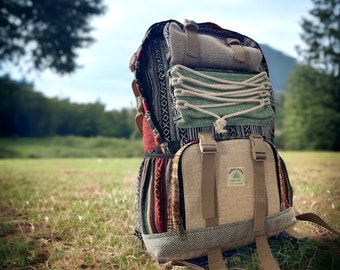 Large handmade travel/trekking bag with rain cover.