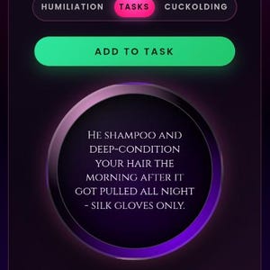Könnte beinhalten: Eine mobile App-Oberfläche mit dem Titel Queen Desires Cuckold Commands auf dunkelviolettem Hintergrund. Der Bildschirm zeigt ein Aufgabenmenü mit Schaltflächen für Humiliation, Tasks, Cuckolding, eine grüne Add to Task-Taste und eine pinke Ask Me-Taste.