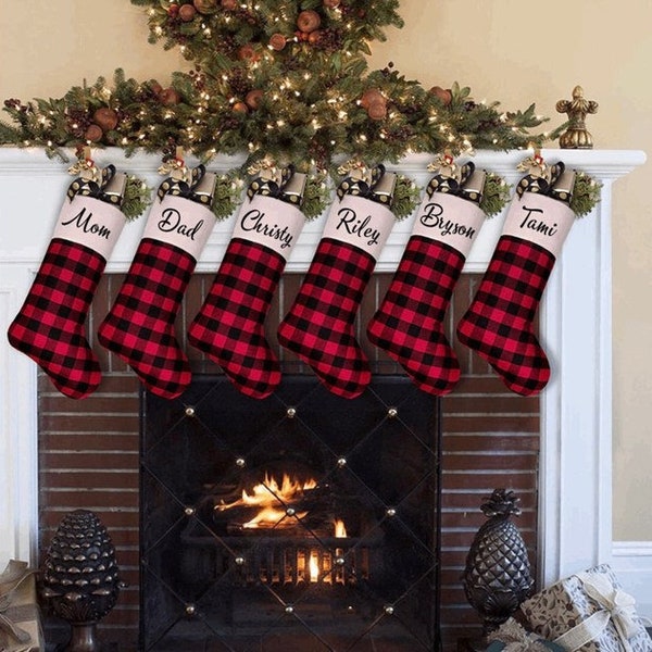18” Large Personalized Buffalo Plaid Christmas Stockings | personalized Buffalo stockings | Large Buffalo plaid stockings |
