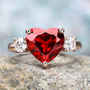 Heart shaped 3.3CT lab created ruby engagement ring, Rose gold three stone ring, July birthstone promise ring, Red gemstone anniversary ring
