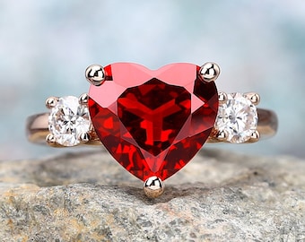 Heart shaped 3.3CT lab created ruby engagement ring, Rose gold three stone ring, July birthstone promise ring, Red gemstone anniversary ring