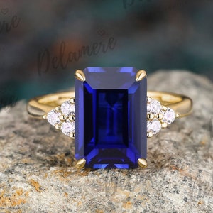 Emerald Cut Sapphire Engagement Ring September Birthstone Blue Gemstone Ring Moissanite Cluster Ring 14k Solid Yellow Gold Anniversary Gifts