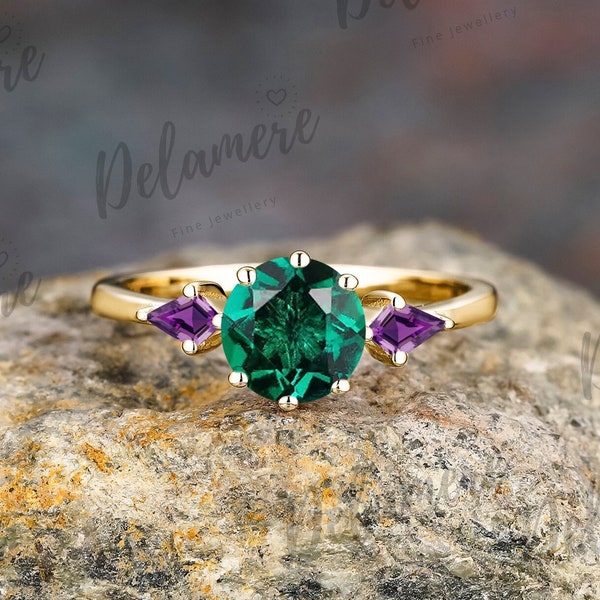 Green Emerald Engagement Ring 14k Solid Yellow Gold Ring Amethyst Ring Wedding Ring Anniversary Gifts Three Stone Promise Ring For Women